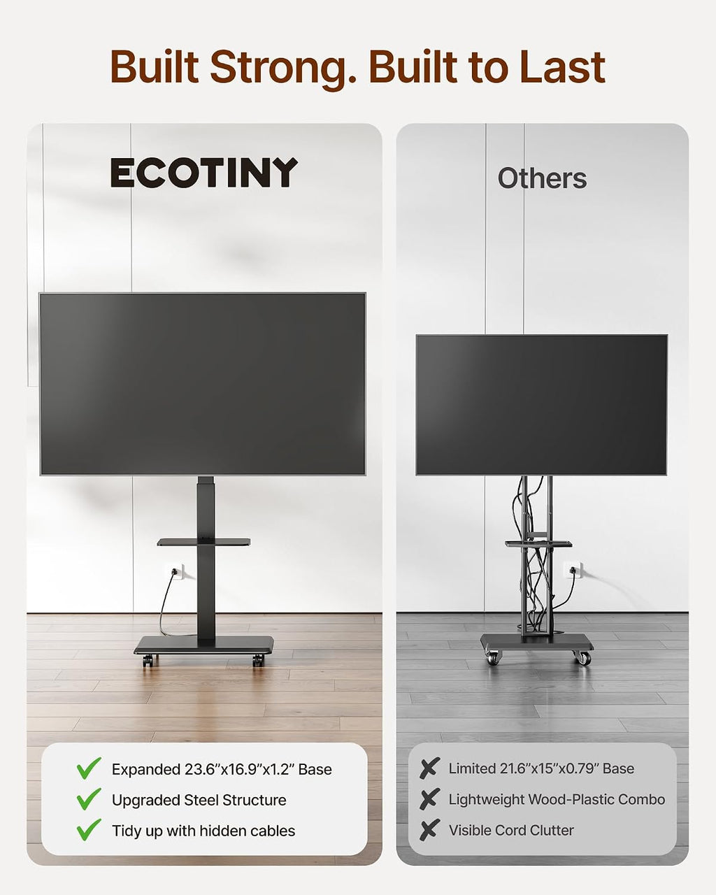 Steel Base Rolling TV Stand for 32-75 inch TVs up to 110 lbs, Black
