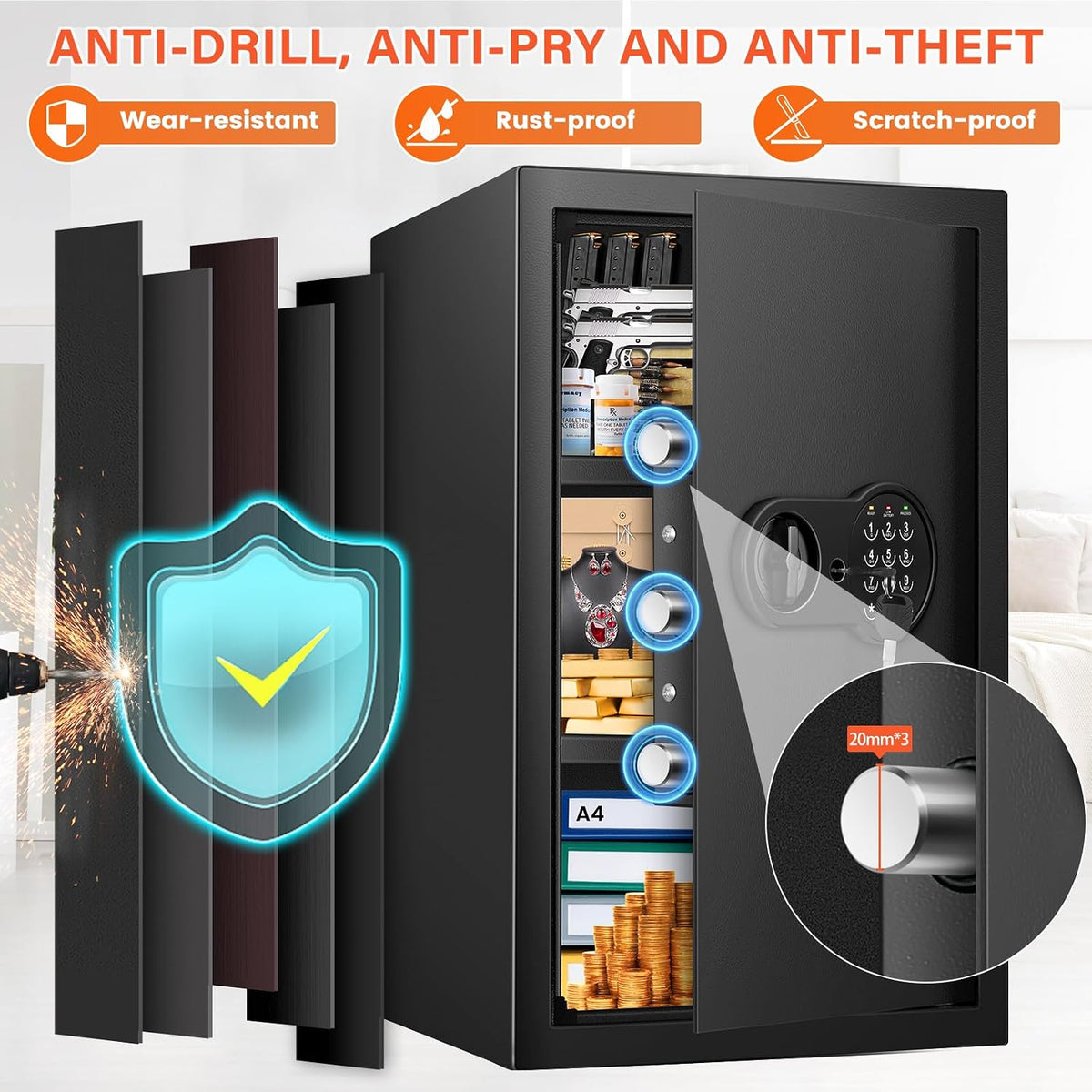 23.62'' Tall Extra Large Home Safe Box, Safe with Fireproof Waterproof Document Bag, Digital Keypad and 3 Removable Steel Shelves, Security Box for