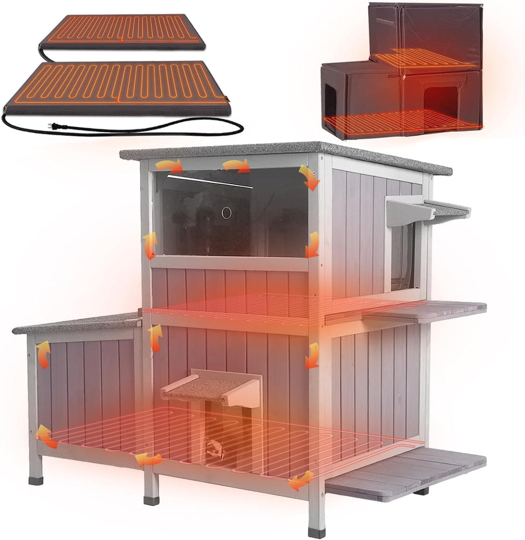 Extra Large Heated Cat House Outdoor Insulated Cat House 2-Section Weatherproof Feral Cat Shelter with Safe Heating Pad, 6-Sided Thermal Liner