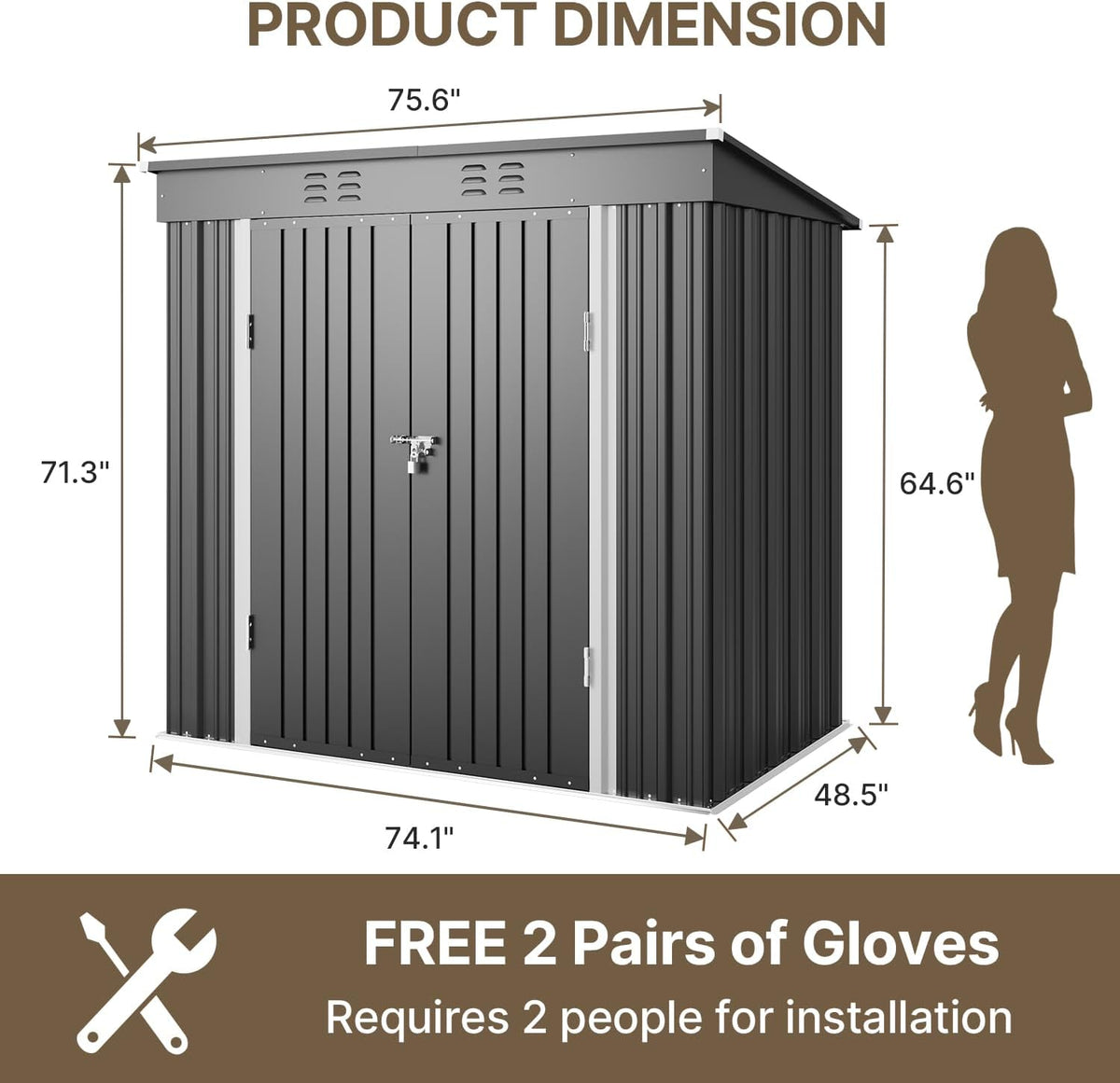 Bealife 6' x 4' Outdoor Storage Shed,Metal Shed Lockable Door - Dark Gray
