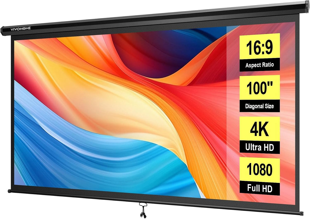 VIVOHOME 100 Inch 16:9 Pull Down Projector Screen, Black