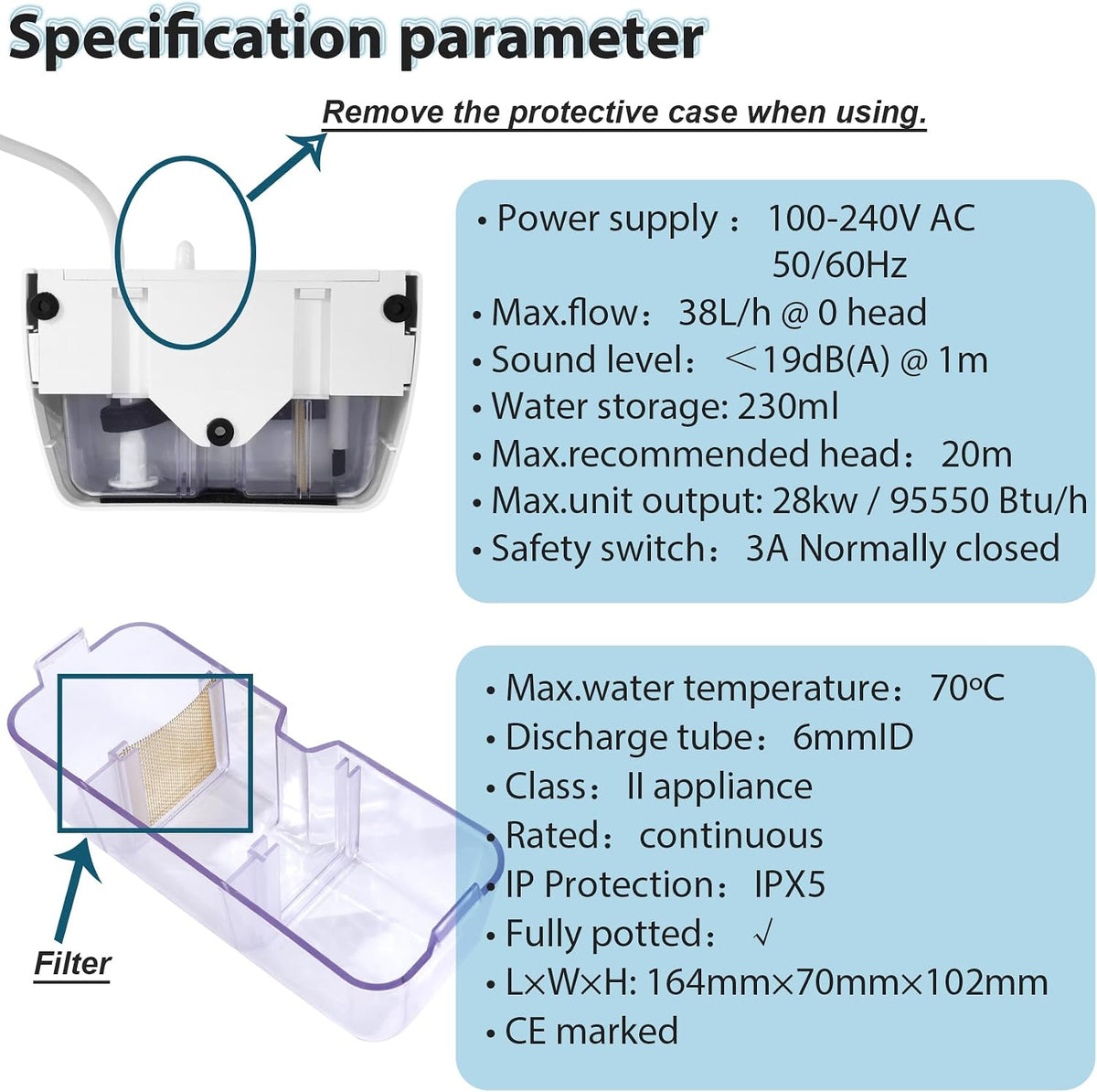 Mini Split Condensate Pump, 100-240V White AC Hvac Silent Condensate Pump, ＜19dB(A), 50/60Hz, External Wall Mount, Self Priming Device, Used for