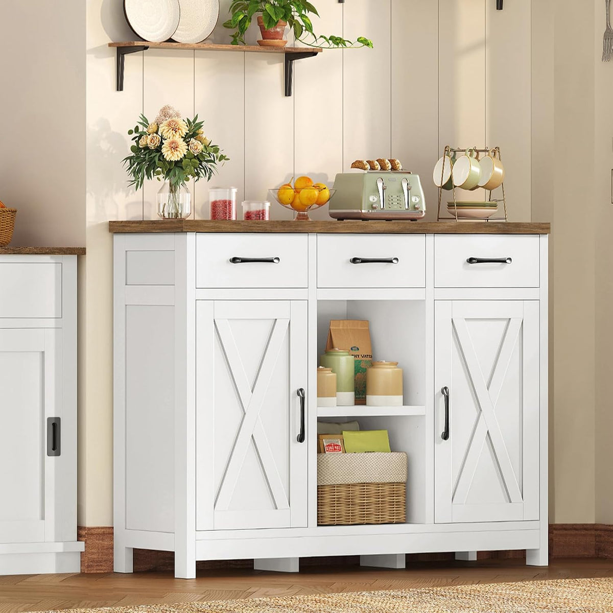 Storage Cabinet, Coffee Bar Cabinet with 3 Drawers, 2 Adjustable Shelves & 2 Doors, Buffet Cabinet, Kitchen Cabinet for Kitchen, Dining Room, Living