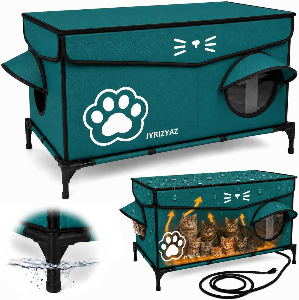 Heated Cat House for Outside, 36"x22"x21" Large Size Winter Insulated Waterproof Outdoor Cat House with Heating Pad, Elevated Weatherproof Feral Cat
