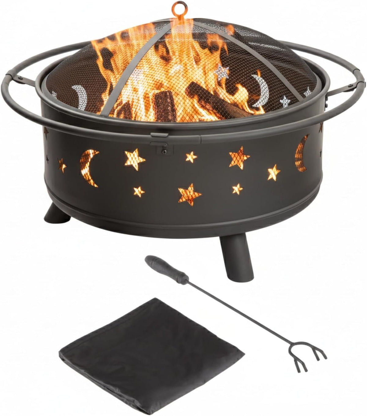 Pure Garden Round Outdoor Fire Pit with Star Cutouts, Black, 32-Inch