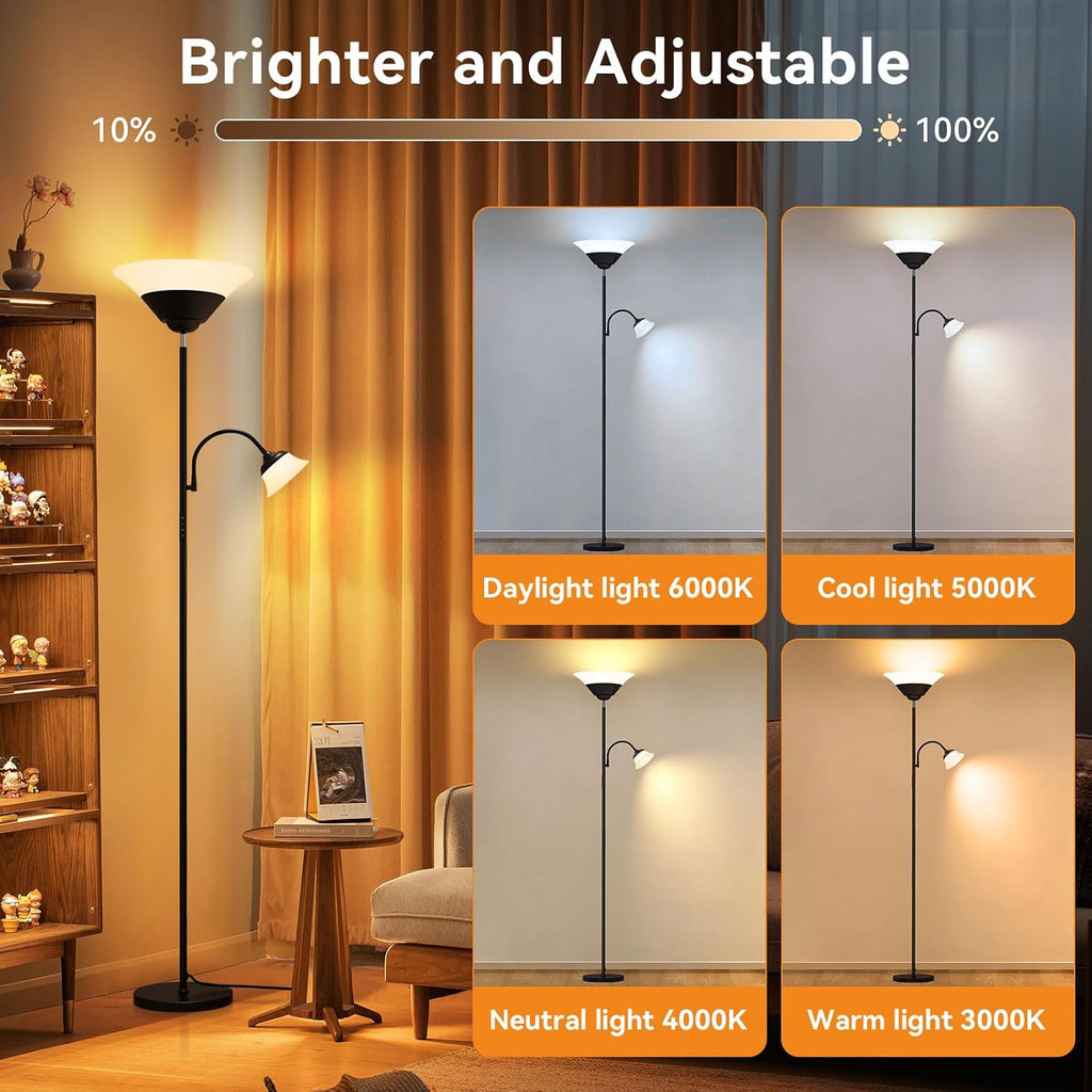 2-in-1 Torchiere Floor Lamp, 34W Super Bright LED Standing Lamp with Remote & Touch Control, 72" Dimmable Adjustable Corner Reading Lamp for Living