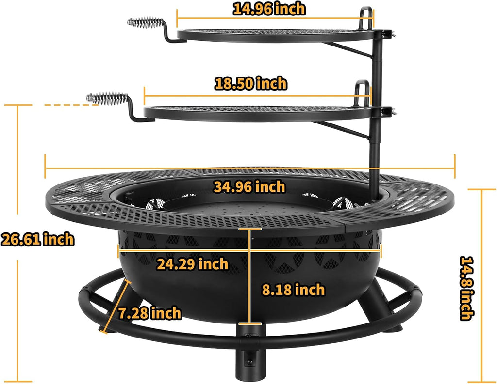 Hykolity 35 Inch Fire Pit with 2 Cooking Grate & Charcoal Pan, Outdoor Wood Burning BBQ Grill Firepit Bowl with Cover Lid, Steel Round Table for