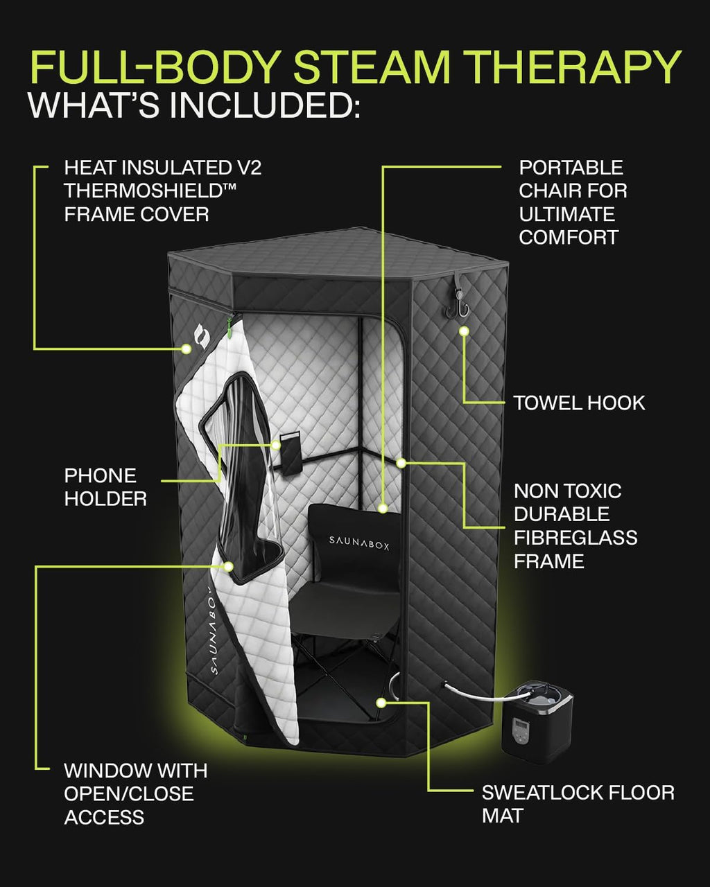 SAUNABOX® SmartSteam Kit Pro Portable Home Steam Sauna | 1 Person Sauna Tent
