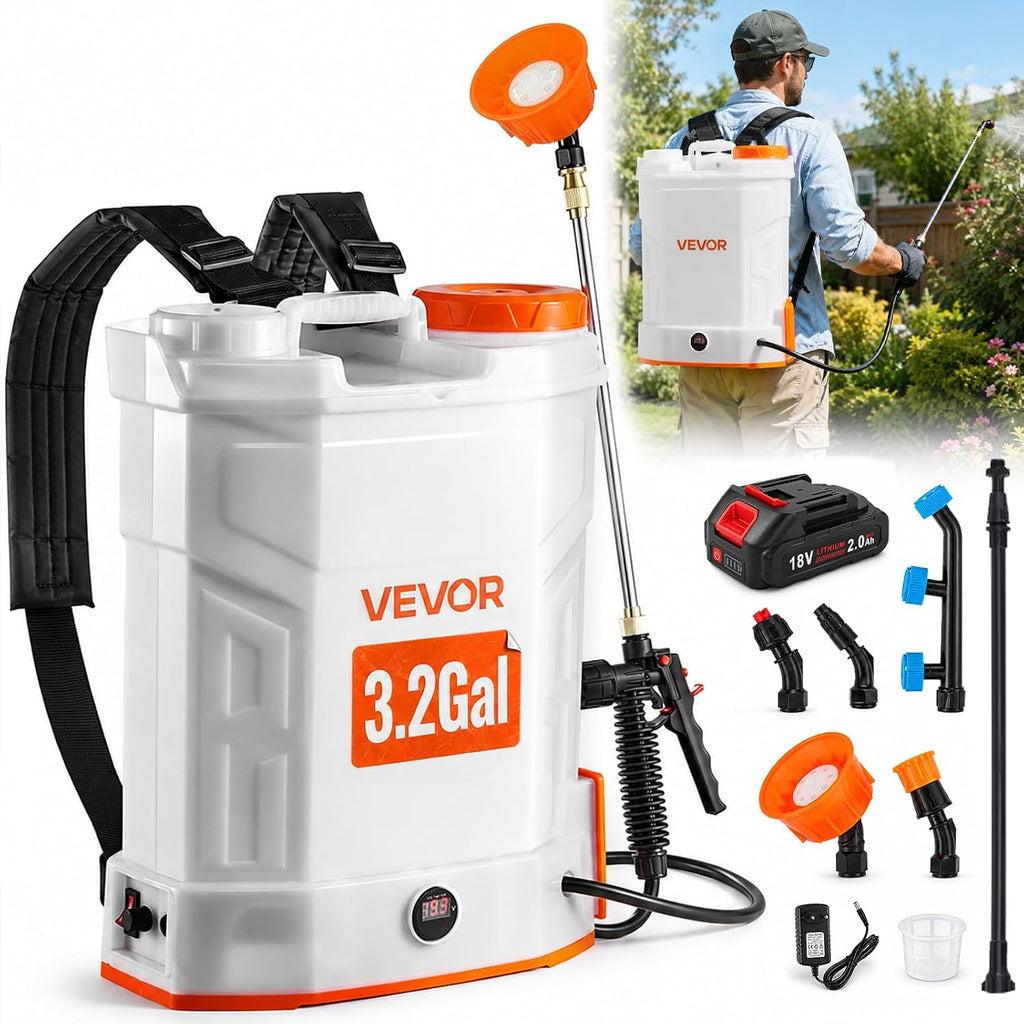 VEVOR Battery Powered Backpack Sprayer 3.2 Gal, Powerful Electric Sprayer, Weed Sprayer for Garden and Lawn, Adjustable 0-90 PSI, 2 Retractable Wands