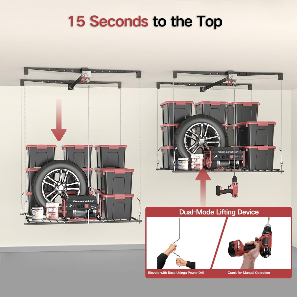 Overhead Garage Storage Rack for 8-10 FT Ceiling, Heavy-duty 4x4 FT Ceiling Storage Racks with Safety Lock, Ideal for Garage Storage Mounted Lift
