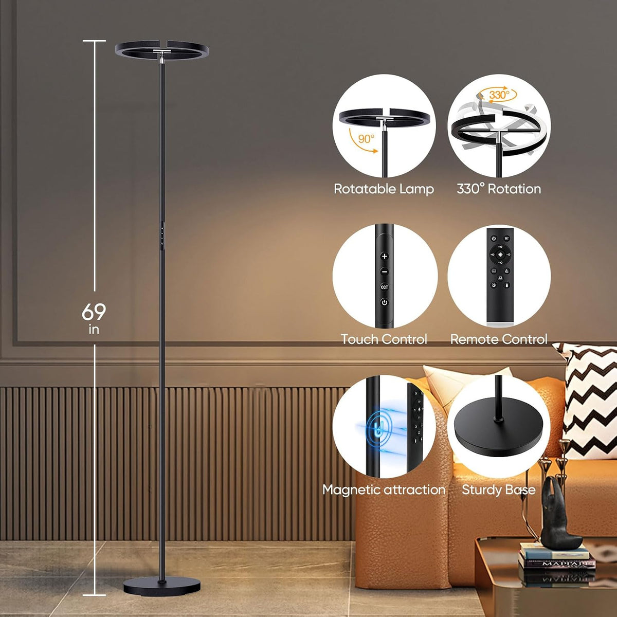 LED Floor Lamp - Dimmable Tall Standing Lamp with Remote Control/Button, 3000-6500K, 22W Modern Floor Reading Light, Uplighter Corner Floor Lamp for