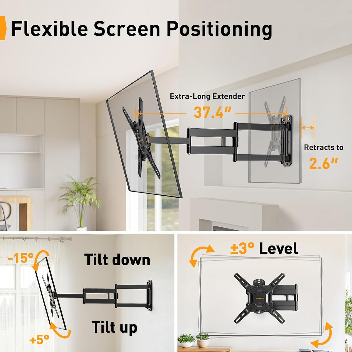Perlegear Long Arm TV Wall Mount for 32-65″ TVs, 37.4” Long Extension