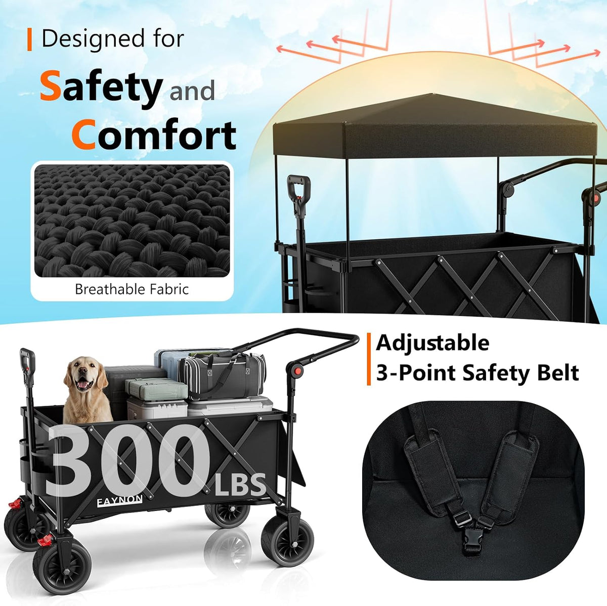 3 in 1 Collapsible Wagon with 300lbs Weight Capacity,150L Heavy Duty Utility Cart with Removable Canopy,with Big All-Terrain Beach Wheels & Drink