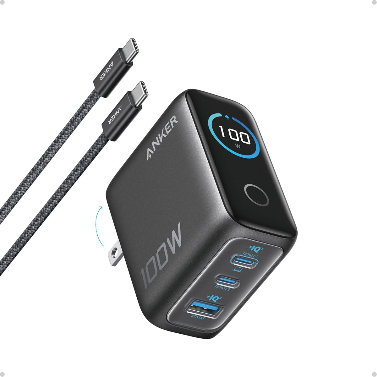 Anker 100W Max USB C Charger, 3-Port GaN Phone Charger with Smart Display