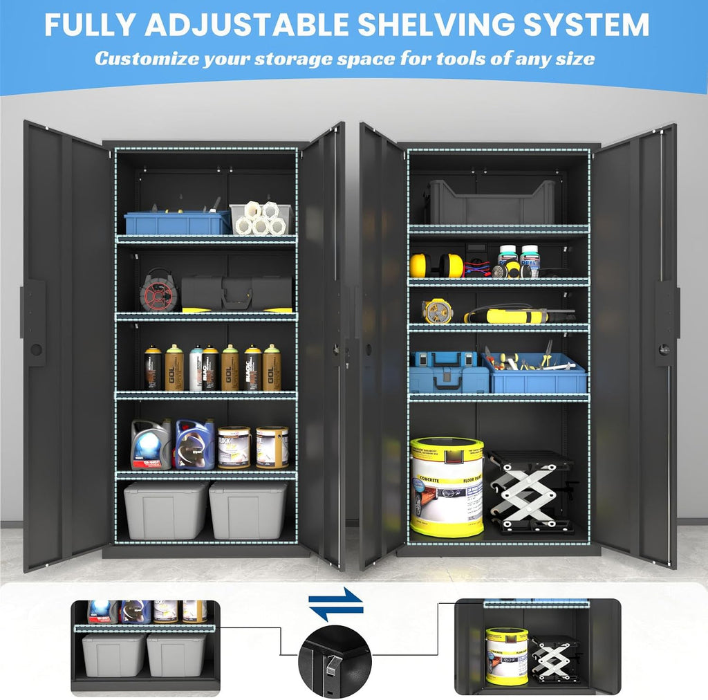 Metal Garage Storage Cabinet with Lock, 71" Tall Steel Storage Locker with 4 Adjustable Shelves, Heavy Duty Metal Cabinet for Garage, Office, Home