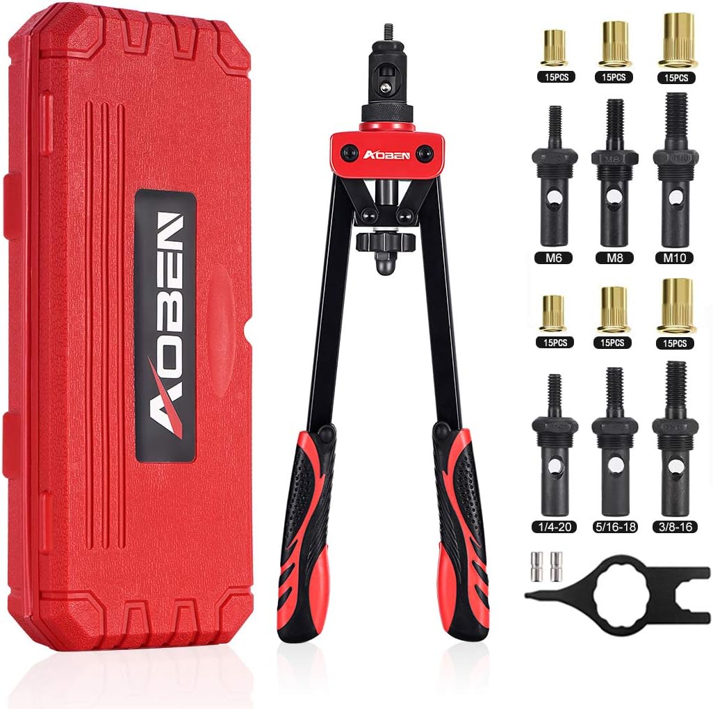 AOBEN 14" Rivet Nut Tool, Professional Hand Rivet Nut Setter Kit Labor-Saving and Compact Design Including 6 Interchangeable Mandrels 90pcs Rivnuts