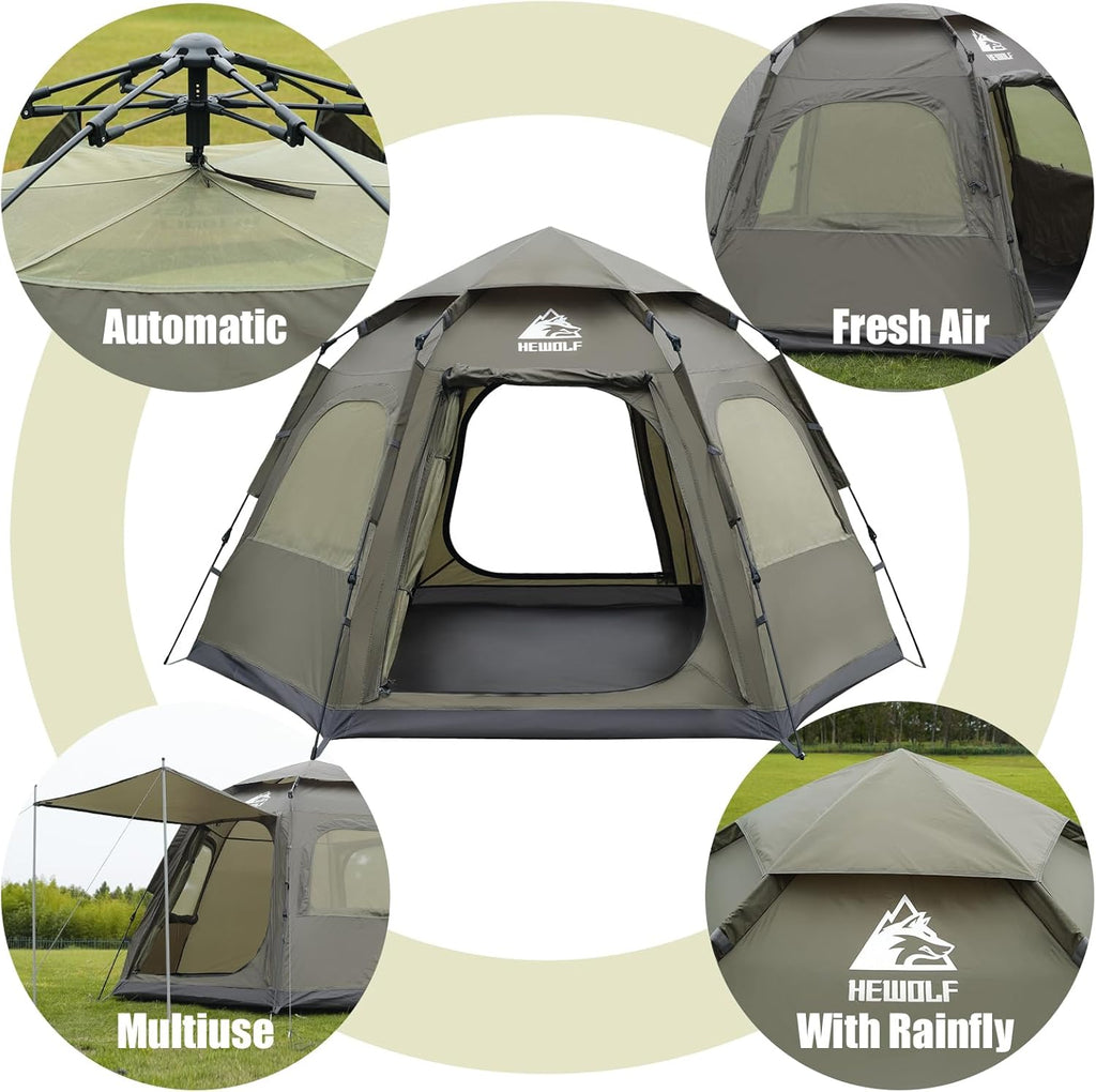Hewolf 2/3/4 Person Camping Tent - Instant Pop Up Waterproof 2 Doors Tent with Easy Setup | 3-Season Hexagonal Dome Design for Family, Hiking &