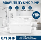 600W Utility Sink Pump with PCB Function Upgrade Structure Upflush to 25FT 1700GPH Under Sink Pump with 3 Water Inlets 1 Outlet Macerating Toilet