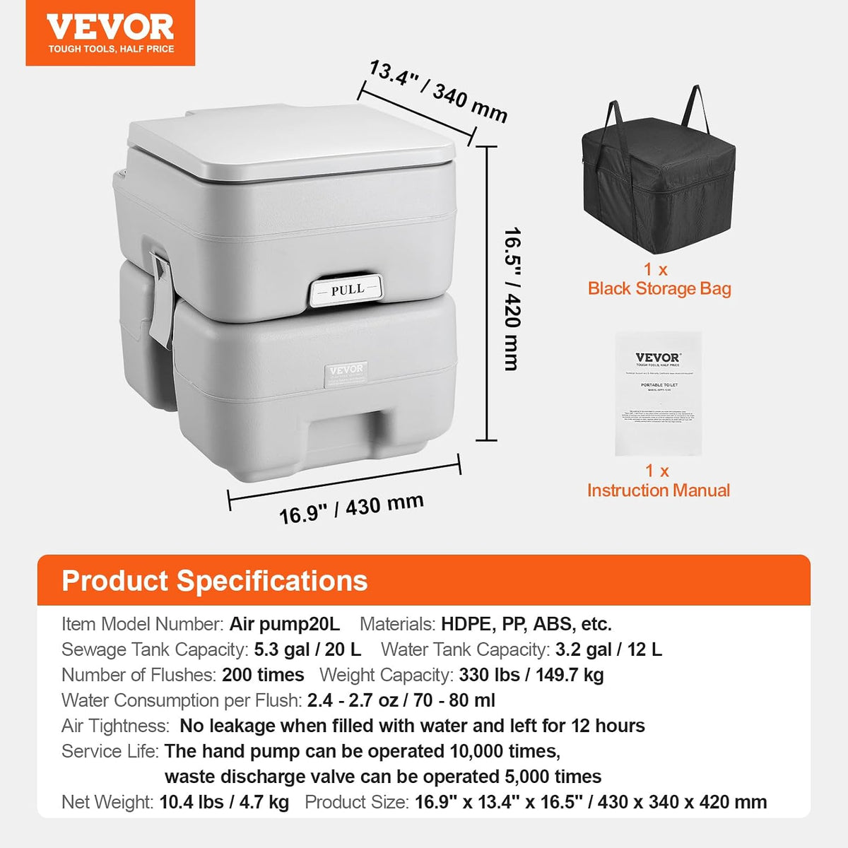 VEVOR Portable Toilet for Camping, RV Toilet with Carry Bag, 5.3 Gal Waste Tank & 3.2 Gal Flush Tank, Push-Button Pressurized Flush Commode, Leak