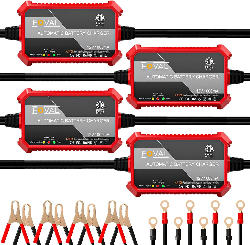 [4-Pack] FOVAL Fully Automatic Trickle Battery Charger, 1000mA 12V Smart Car Battery Charger, Battery Maintainer, Float Charger for Motorcycle Car