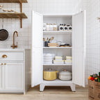COFaR White Farmhouse Storage Kitchen Pantry Cabinet with 2 Barn Door, 3 Adjustable Shelves and Legs, for Cupboard/Dining Room/Bathroom/Living