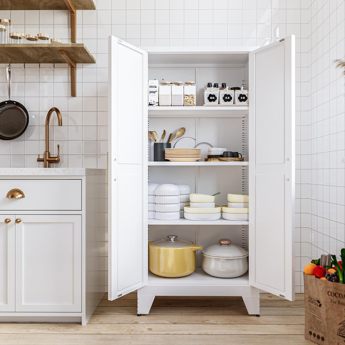 COFaR White Farmhouse Storage Kitchen Pantry Cabinet with 2 Barn Door, 3 Adjustable Shelves and Legs, for Cupboard/Dining Room/Bathroom/Living