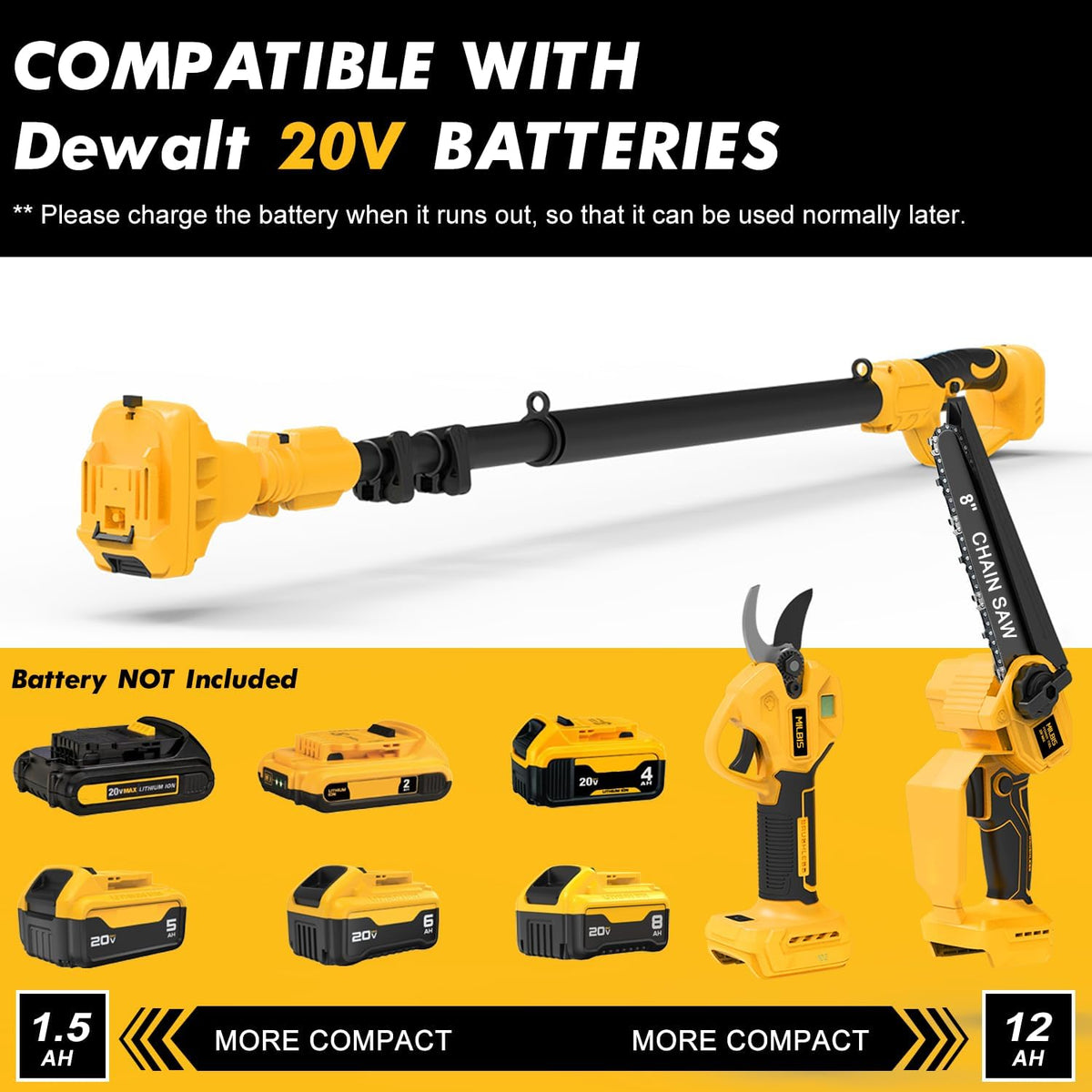 4-in-1 Cordless Pole Saw & Electric Pruning Shears for DeWalt 20V Battery