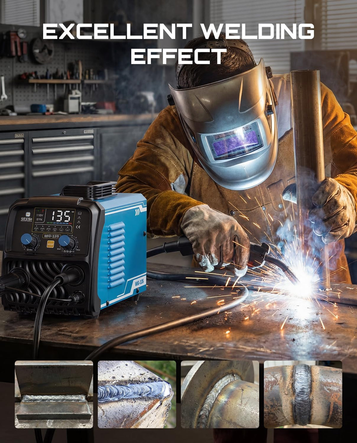 SEESII 135A MIG Welder 110V - 3-in-1 Gasless Flux Core/Lift TIG/Stick Welding Machine, 7.7lbs Portable IGBT Inverter, Large Digital Display Multi