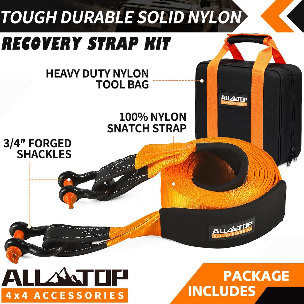 ALL-TOP Heavy Duty Tow Strap Recovery Kit: 3 inch x 20ft (35,000lbs) 100% Nylon and 22% Elongation Snatch Strap + 3/4 Heavy Duty D Ring Shackles