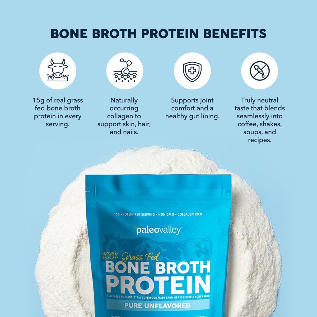 Paleovalley 100% Grass Fed Bone Broth Protein Powder, Unflavored
