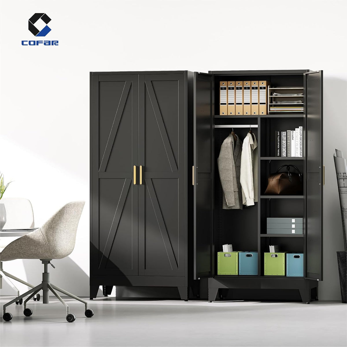 COFaR Wardrobe Closet with Doors, Metal Bedroom Armoire with Adjustable Hanging Rod and Shelves, Farmhouse Broom Closet Storage Cabinet for Garage