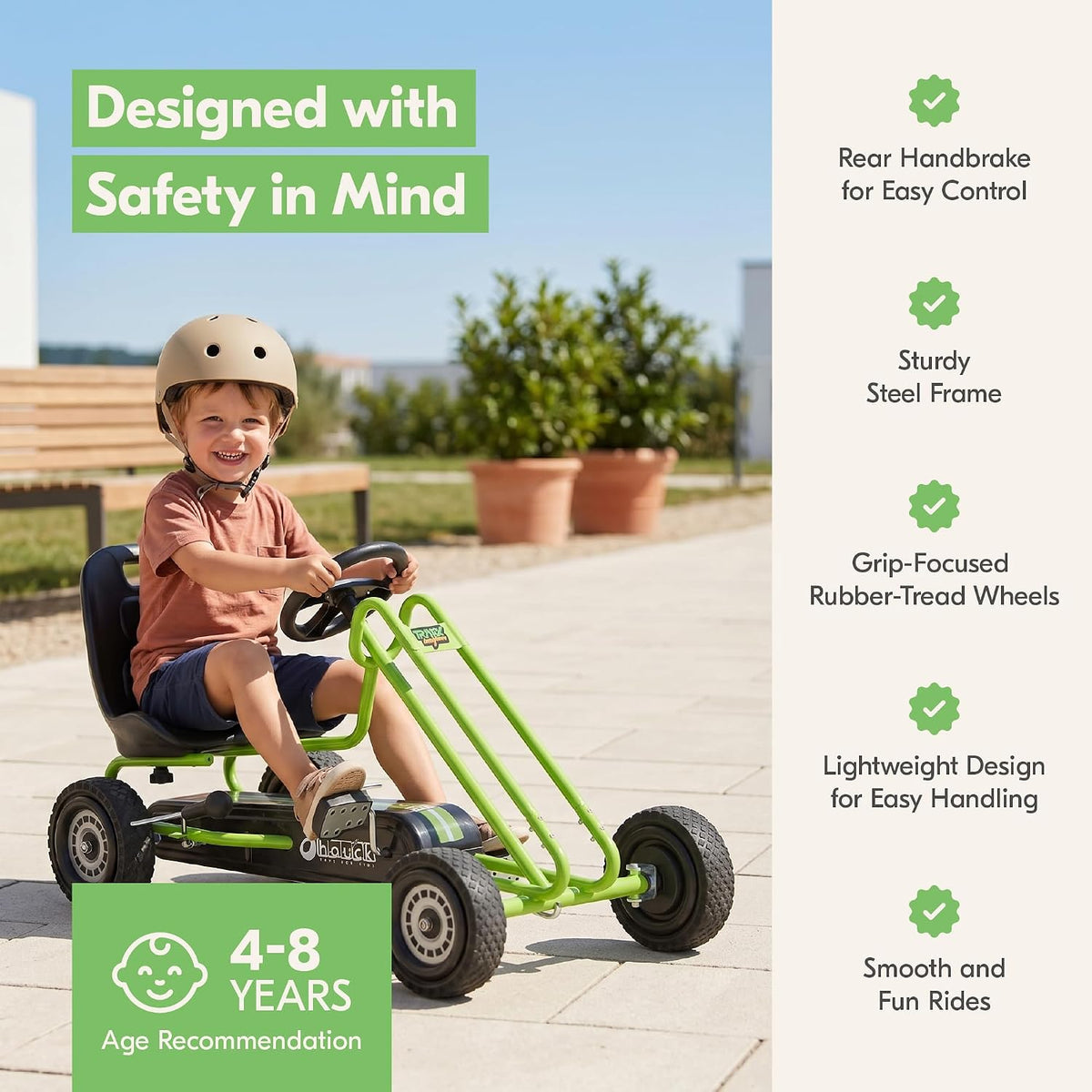 Hauck Lightning - Pedal Go Kart for Kids Ages 4-8, Adjustable Bucket Seat, Plastic Wheels with Rubber Profile, Handbrake for both rear wheels, Ride