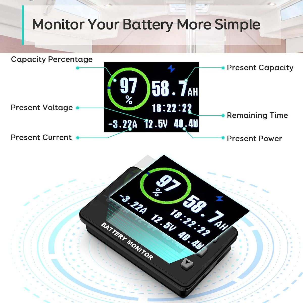 LNEX 500A Shunt Battery Monitor, 2.4" Color Screen RV Monitor with 16ft Shielded Wire, Support High Low Voltage Programmable Alarm for 8-100V Lifepo4