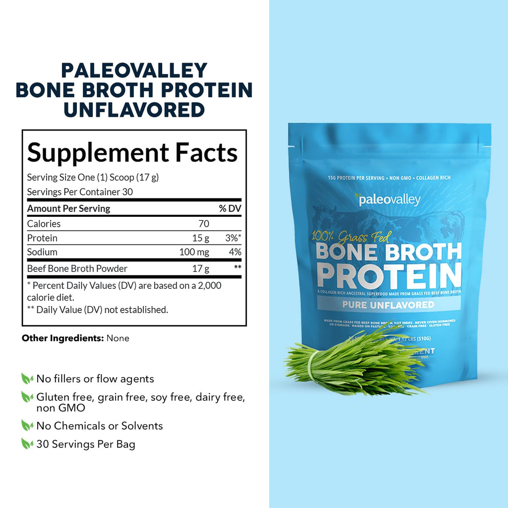 Paleovalley 100% Grass Fed Bone Broth Protein Powder, Unflavored
