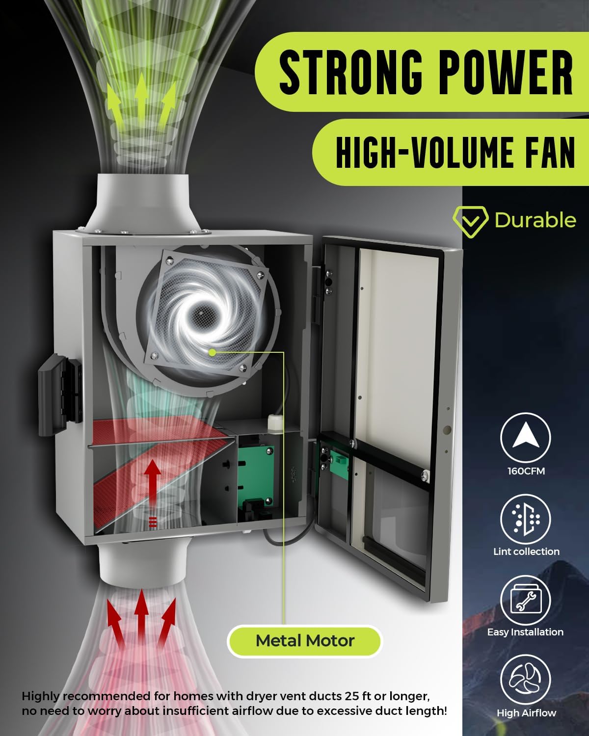 4 Inch Dryer Vent Booster Fan, 160 CFM, Auto On/Off, Plug-In