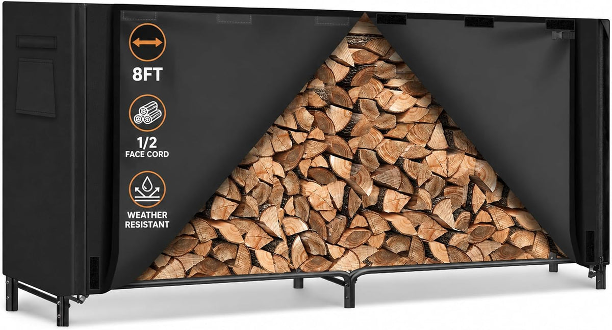 8FT Firewood Rack Outdoor with Cover, Large Wood Storage Rack