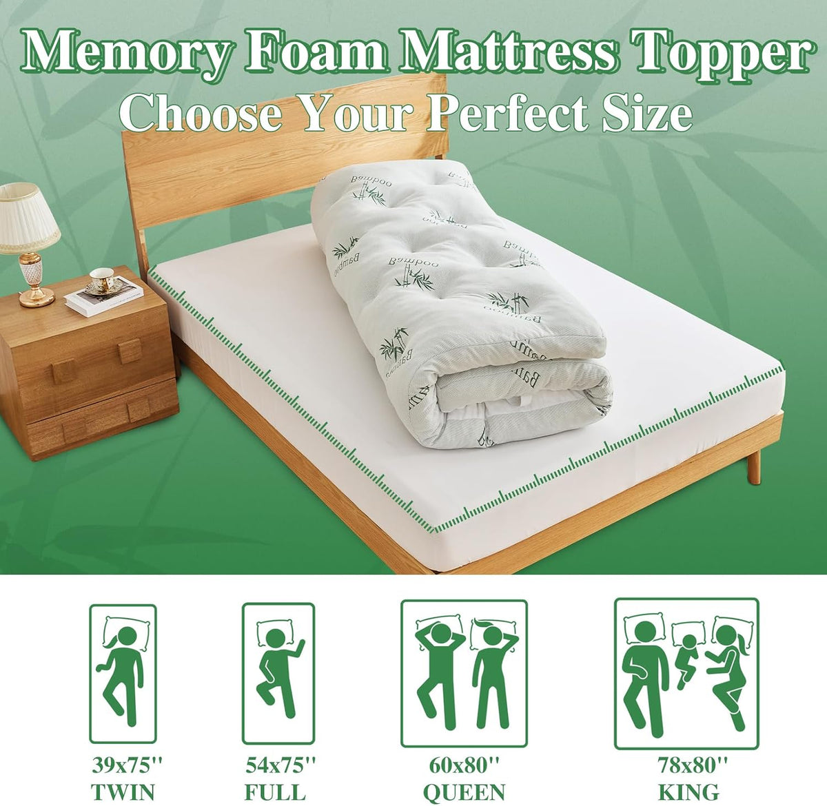 WhatsBedding 4 inch Bamboo Memory Foam Mattress Topper for Back Pain Relief Queen Size, Filled with Breathable Gel Memory Foam, Cooling Bamboo