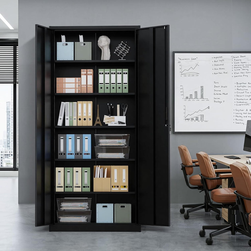 VINGLI Metal Garage Storage Cabinet with 2 Doors and 5 Adjustable Shelves, 71" Tall Steel Lockable File Cabinet, Locking Tool Cabinets for Home