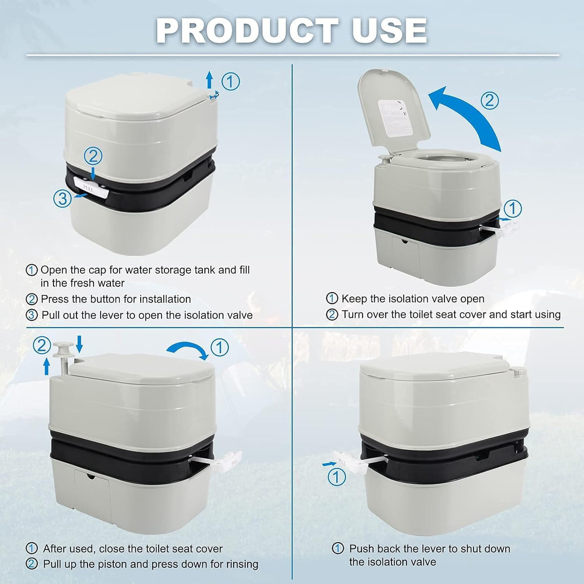 Portable Toilet, 6.4 Gallon 24L Piston Pump Flush with Level indicator Detachable Anti-Leak Handle Water Pump,Rotating Spout Indoor & Outdoor Hiking