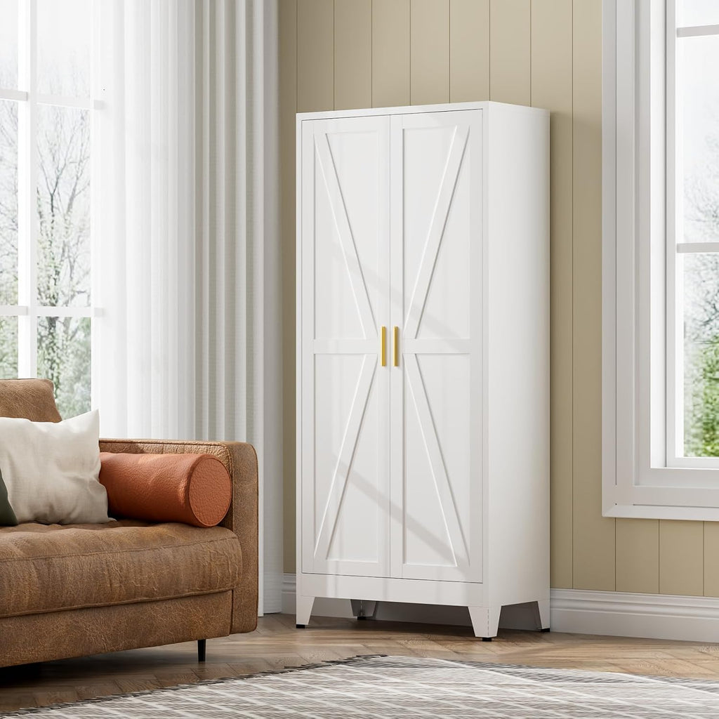 COFaR White Farmhouse Storage Kitchen Pantry Cabinet with 2 Barn Door, 3 Adjustable Shelves and Legs, for Cupboard/Dining Room/Bathroom/Living
