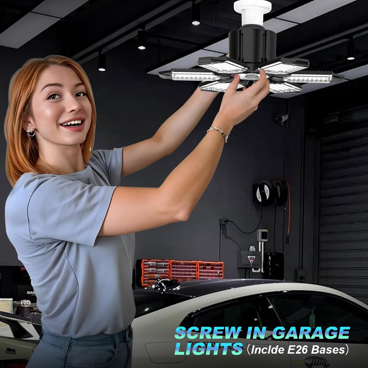 Led Garage Lights Bulb 6 Pack 200W Super Bright Ceiling Led Shop Lights, E26/E27 Base, 6500K, 20000LM Deformable Led Garage Light for Basement, Attic