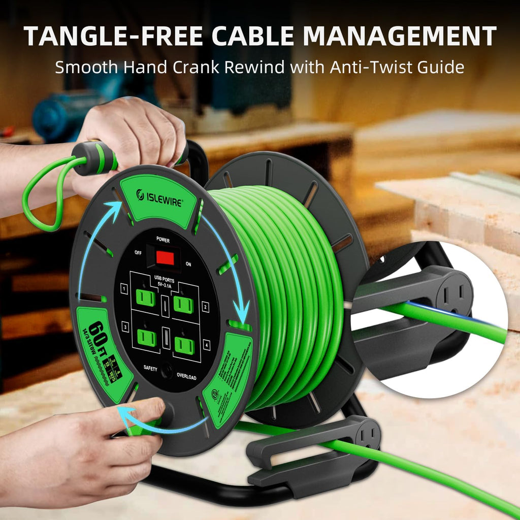 60 FT Retractable Extension Cord Reel, 14AWG SJTOW Heavy Duty Power Cord with 4 Grounded Outlets, USB-A & USB-C Ports, 13A Circuit Breaker, Hand
