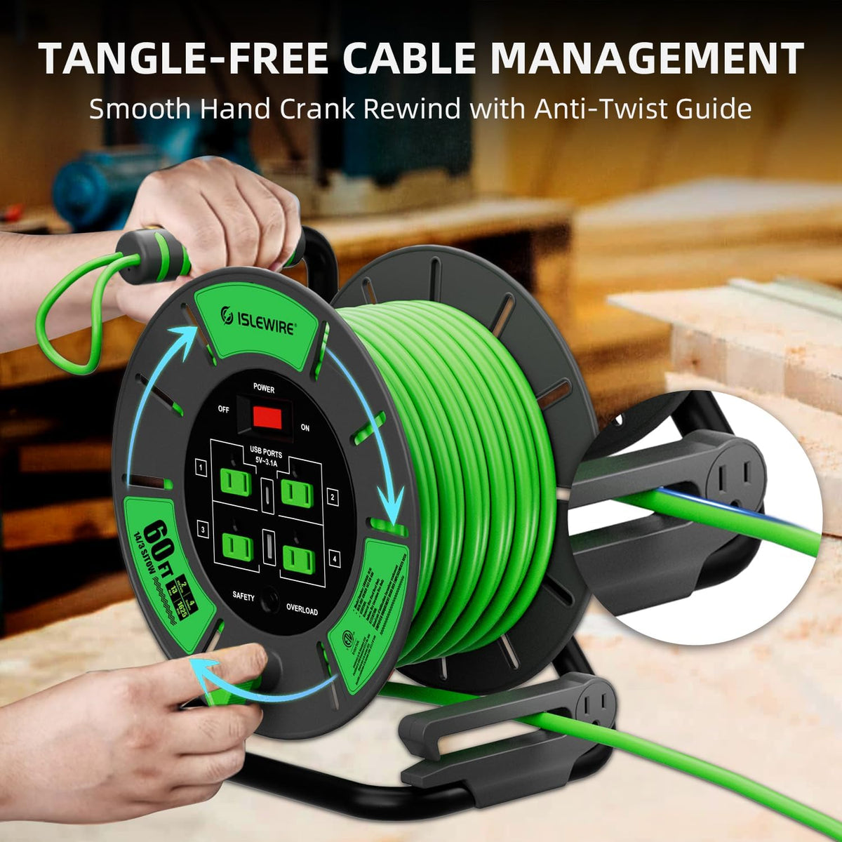 60 FT Retractable Extension Cord Reel, 14AWG SJTOW Heavy Duty Power Cord with 4 Grounded Outlets, USB-A & USB-C Ports, 13A Circuit Breaker, Hand