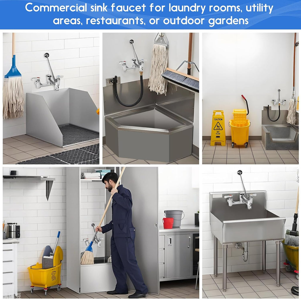 Commercial Mop Sink Faucet with Vacuum Breaker, Wall Mount 8" Center