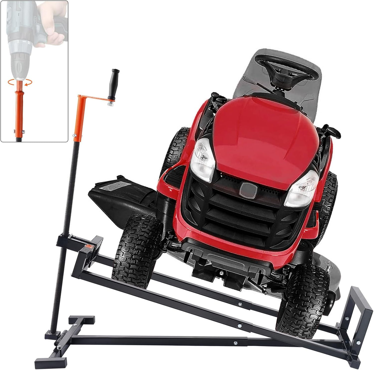 VEVOR Ride on Lawn Mower Lift Jack, 880 Lbs Weight Capacity, Telescopic Maintenance Jack with Crank Handle & Power Tool Handle, Foldable Lawn Tractor