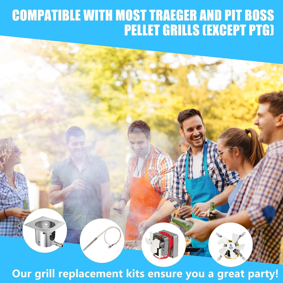 Complete Replacement Parts Kit for Pit Boss and Traeger, Auger Motor, Grill Induction Fan, Fire Burn Pot with Screws, Hot Rod Ignitor with Fuse, for