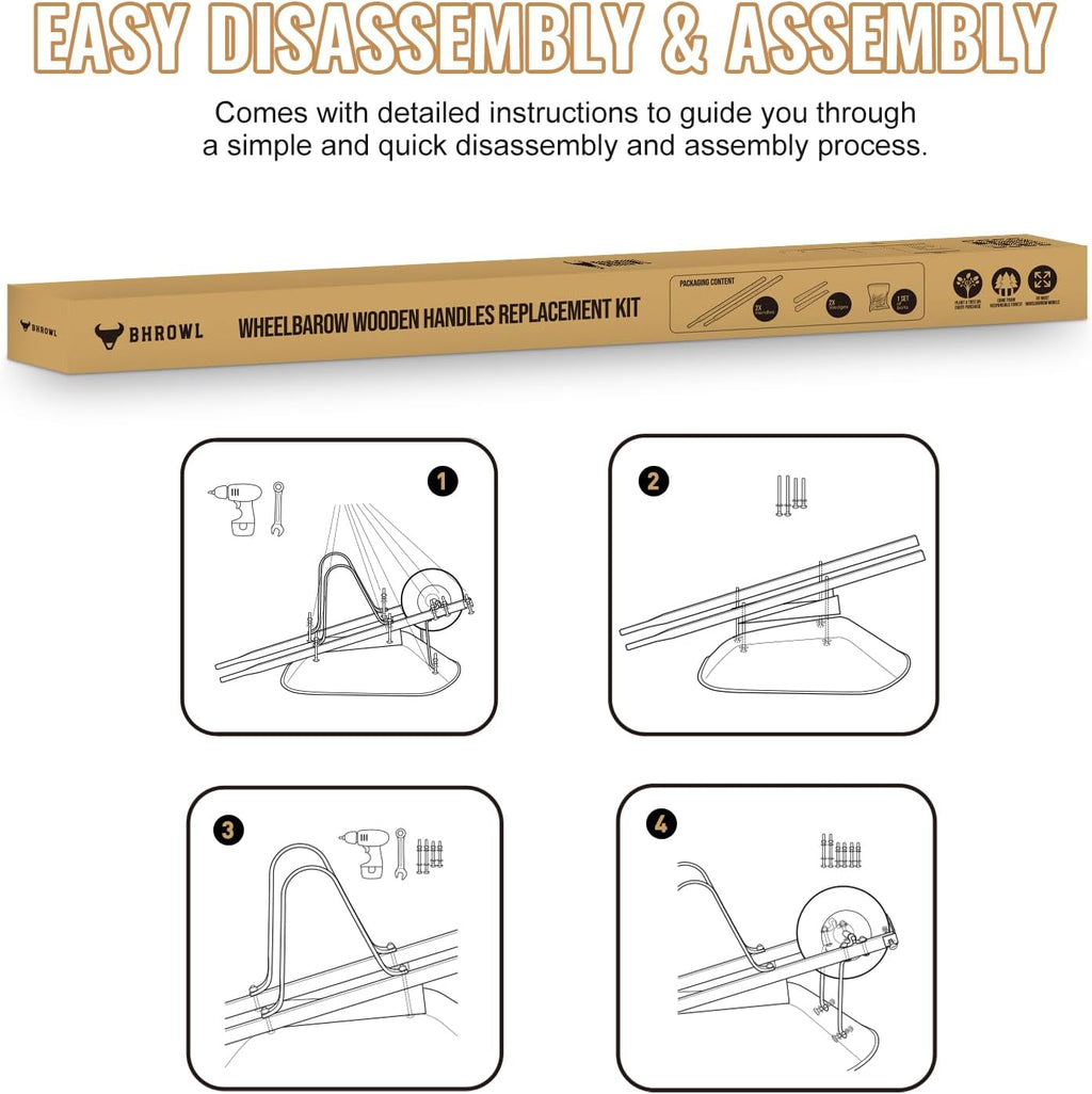 Wheelbarrow Handles Replacement Kit – 2 Heavy-Duty Wooden Handles – Universal Fit – Includes Bolts, Nuts, Wedges and Drill Bit – FSC-Certified Eco