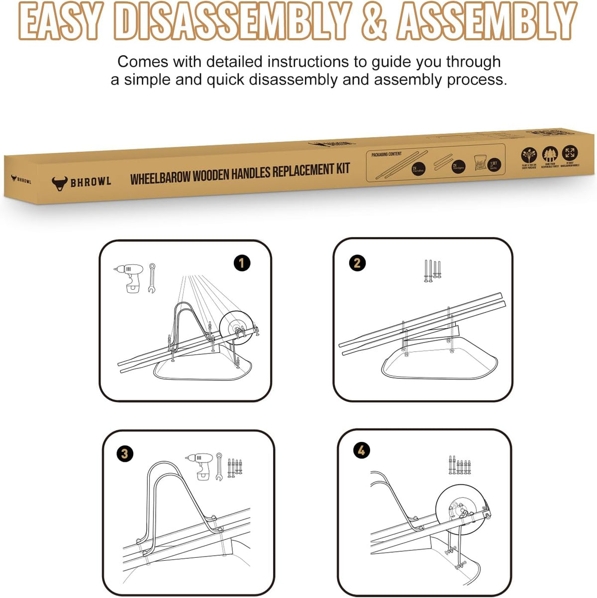 Wheelbarrow Handles Replacement Kit – 2 Heavy-Duty Wooden Handles – Universal Fit – Includes Bolts, Nuts, Wedges and Drill Bit – FSC-Certified Eco