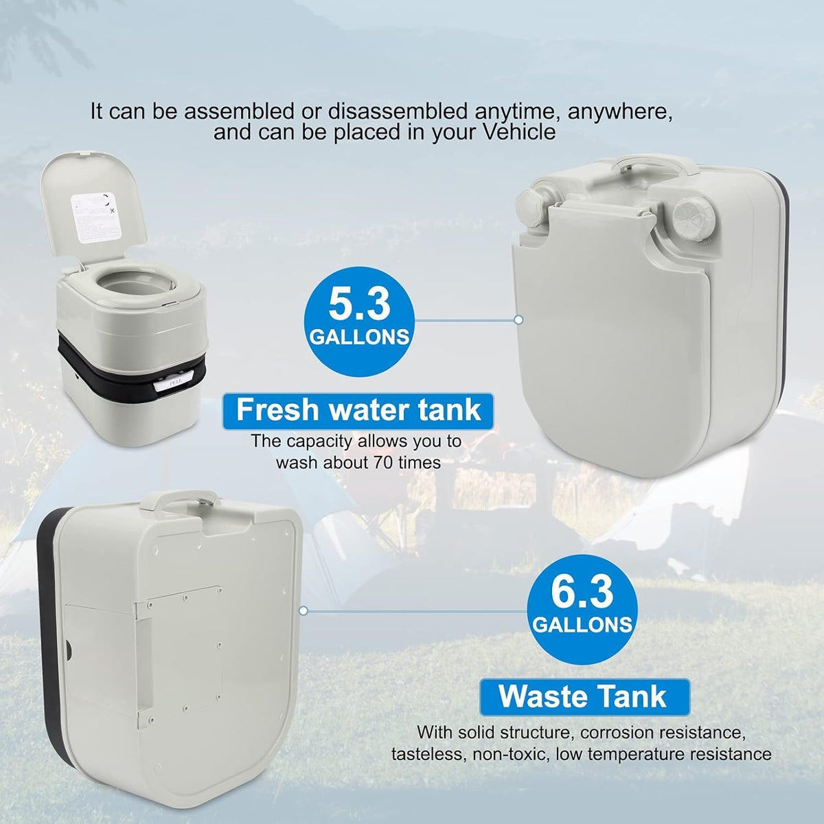Portable Toilet, 6.4 Gallon 24L Piston Pump Flush with Level indicator Detachable Anti-Leak Handle Water Pump,Rotating Spout Indoor & Outdoor Hiking