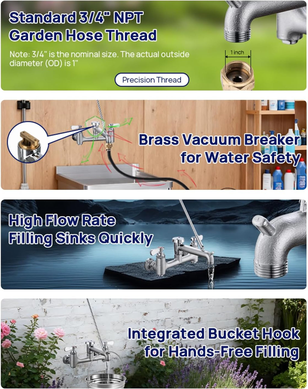 8 Center Commercial Mop Sink Faucet with Vacuum Breaker Wall Mount